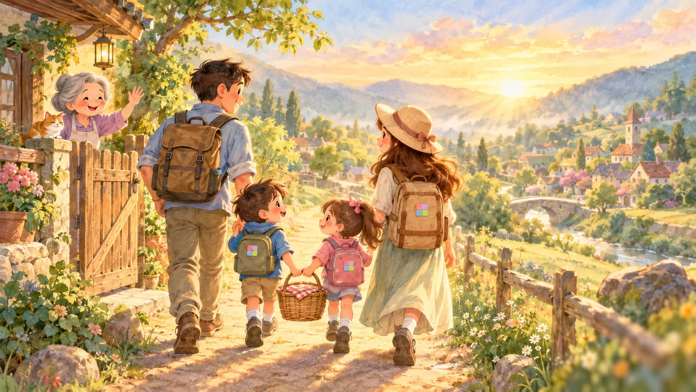 A family setting off down the village path at sunrise, grandmother waving them off at the gate