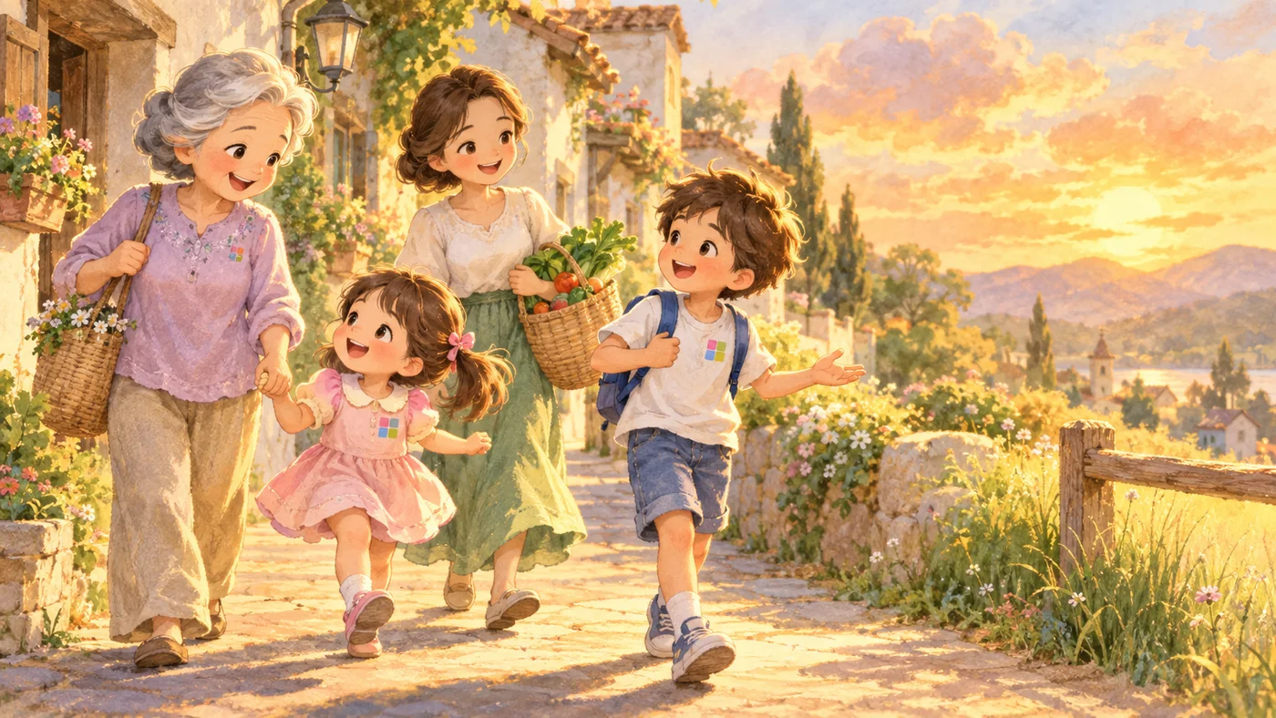 A grandmother, a mother and two children walking home together at sunset