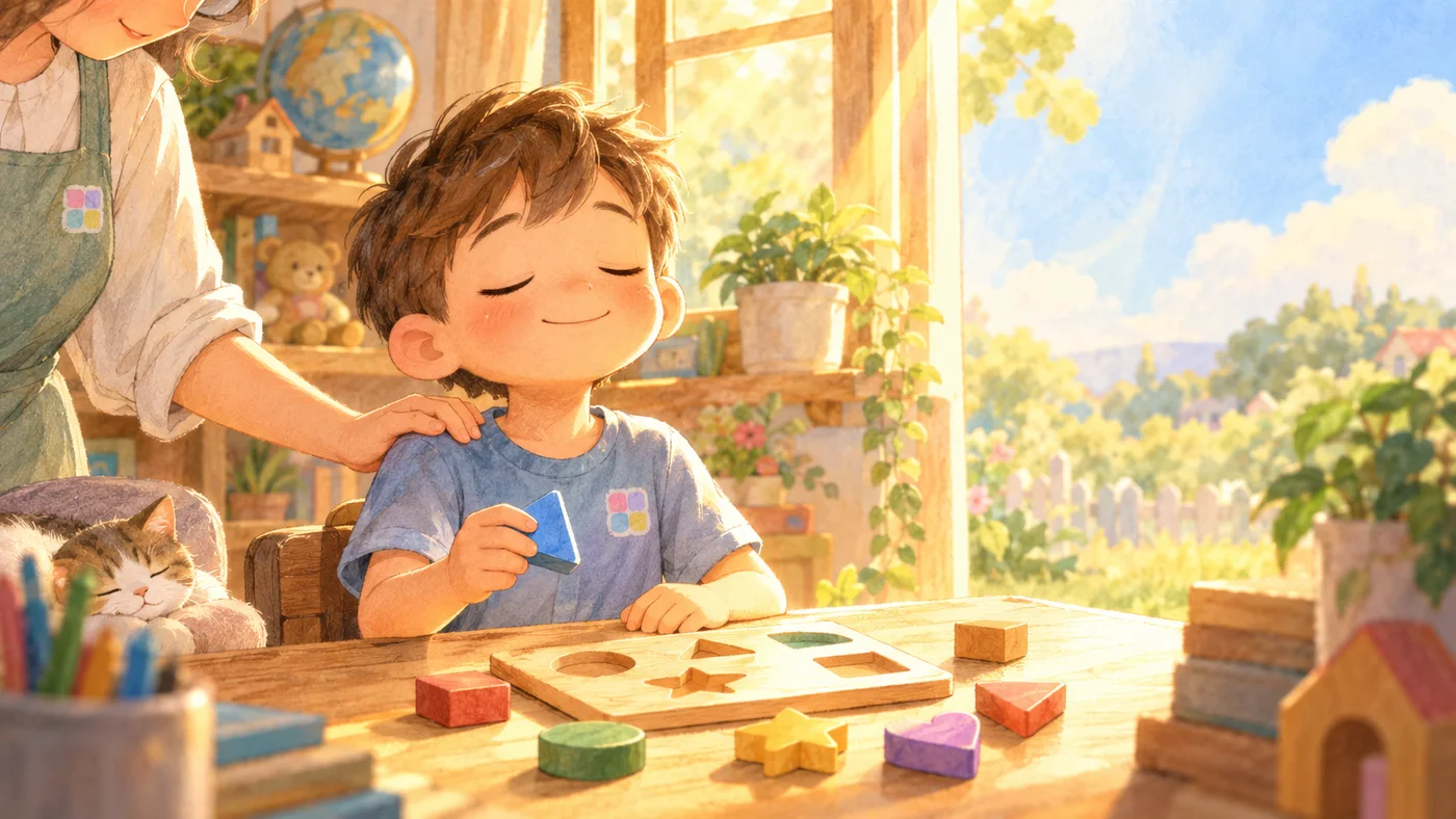 A boy closing his eyes for one calm breath at an unfinished puzzle, a grown-up's hand on his shoulder