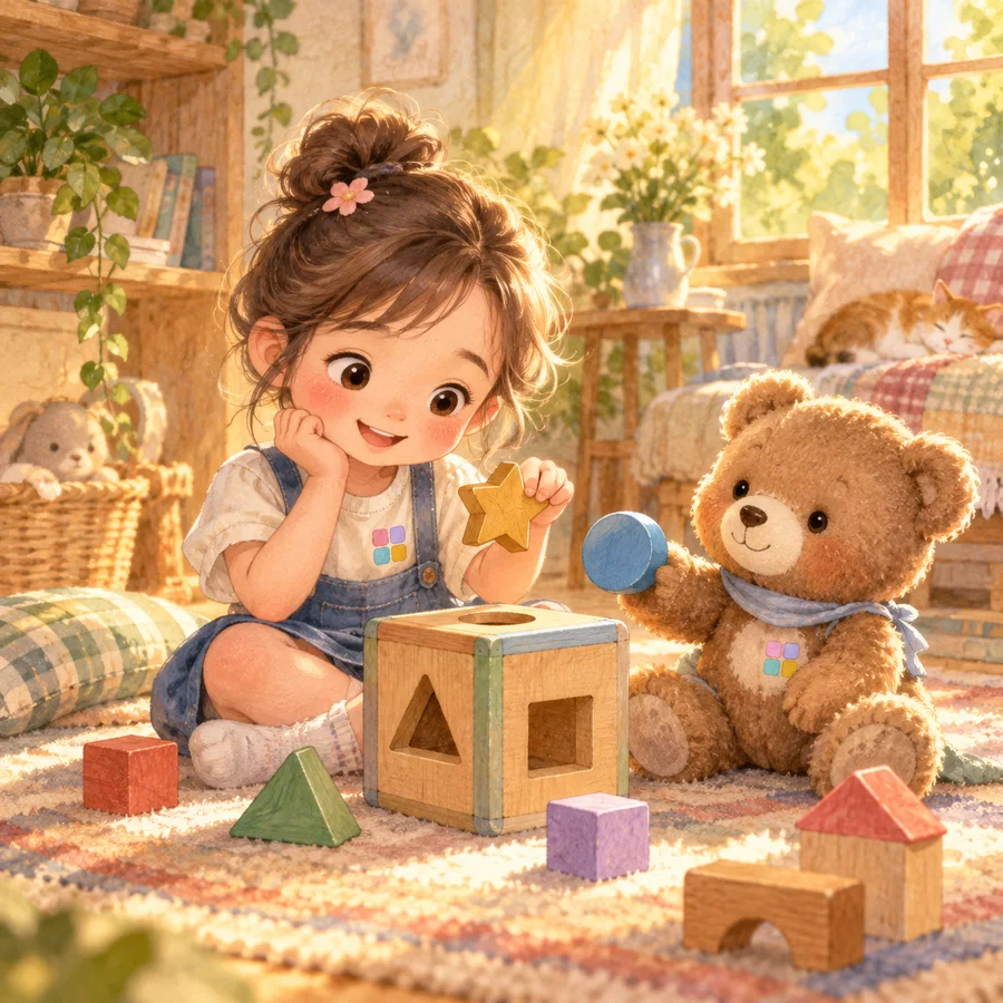 A girl at a shape-sorter, a teddy bear holding out the block that fits