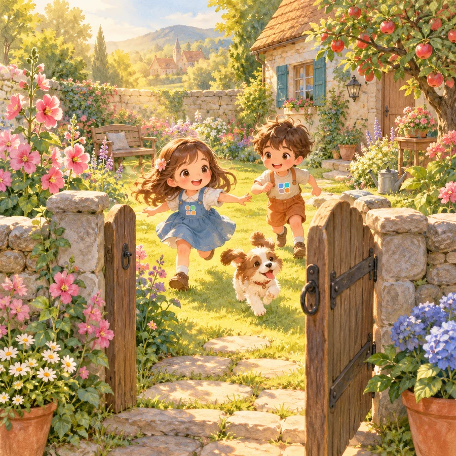 Two children playing in a walled garden