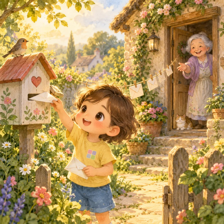 A child posting a note into a letterbox, grandmother waiting at the door
