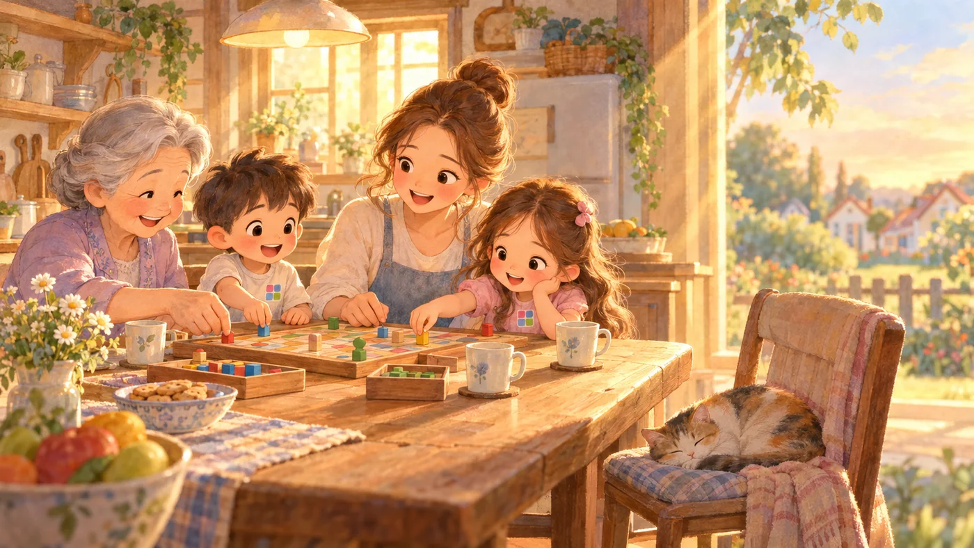 Three generations playing a board game together at the kitchen table