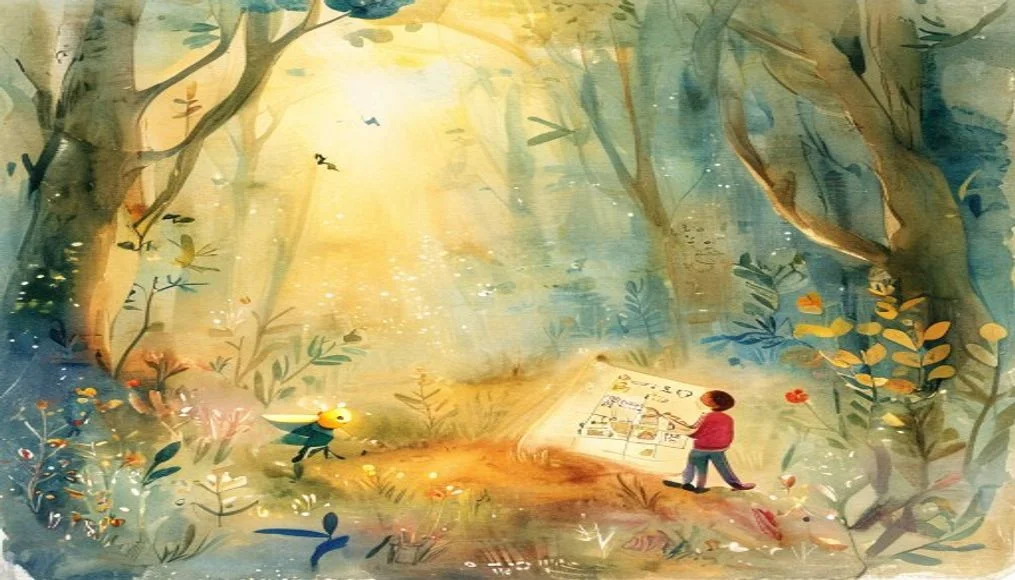 A child exploring a storybook forest