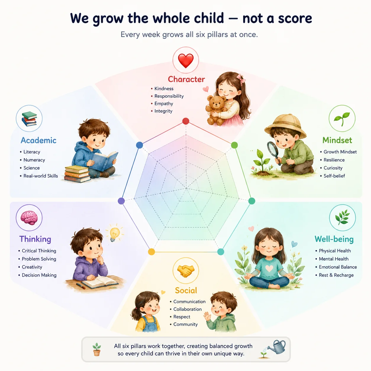 We grow the whole child — the six growth pillars: Academic, Character, Mindset, Thinking, Social, Well-being